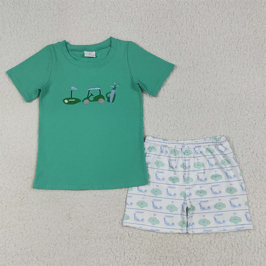 BSSO1540 Embroidery Baby Boys Green Short Sleeves Golf Truck Top Short Set D 6.11