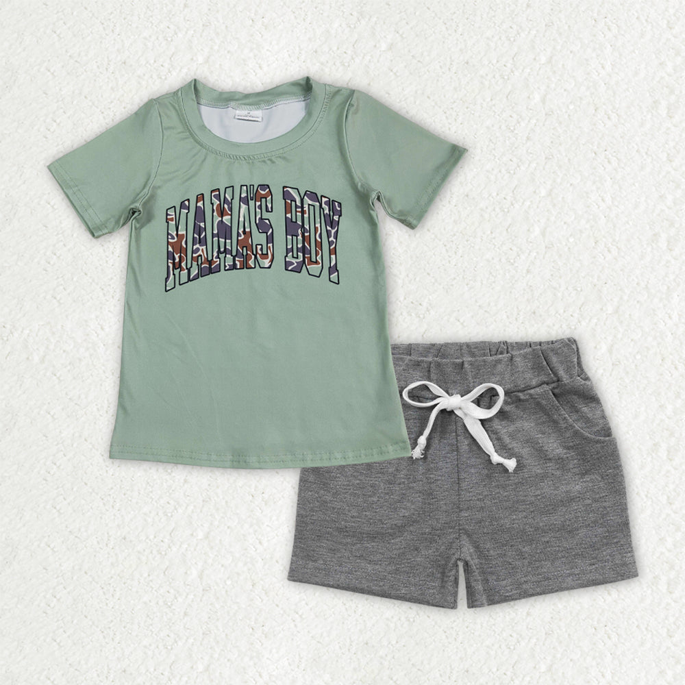 BSSO1542  Baby Boys Green Camo Mama's Boy Top Gray Pockets Shorts Clothes Sets D 6.3