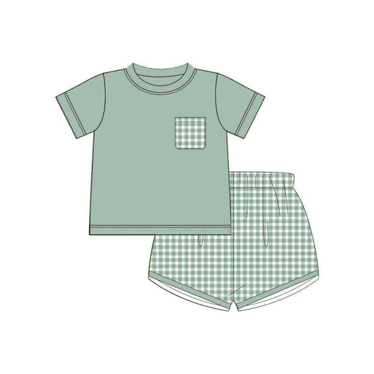 presale BSSO1544 Baby Boys Green Short Sleeves Pocket Top Plaid Short Set D 6.3