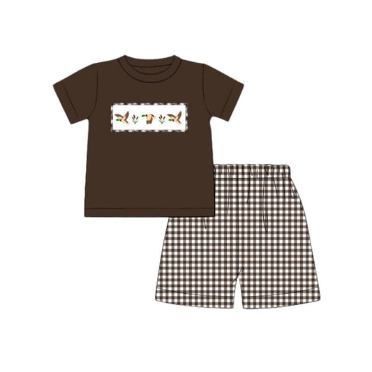 presale BSSO1545 Baby BOYS Brown Short Sleeves Ducks Top Plaid Short Set D 6.7