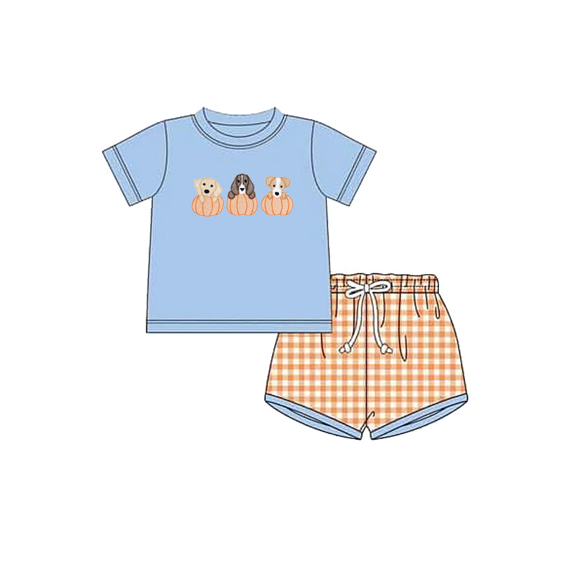 BSSO1547  Embroidery Dogs Pumpkins Baby Boys Top Shorts Fall Clothes Sets   D 909