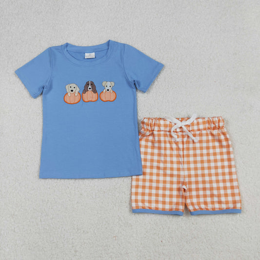 BSSO1547 Embroidery Dogs Pumpkins Baby Boys Top Shorts Fall Clothes Sets D 909