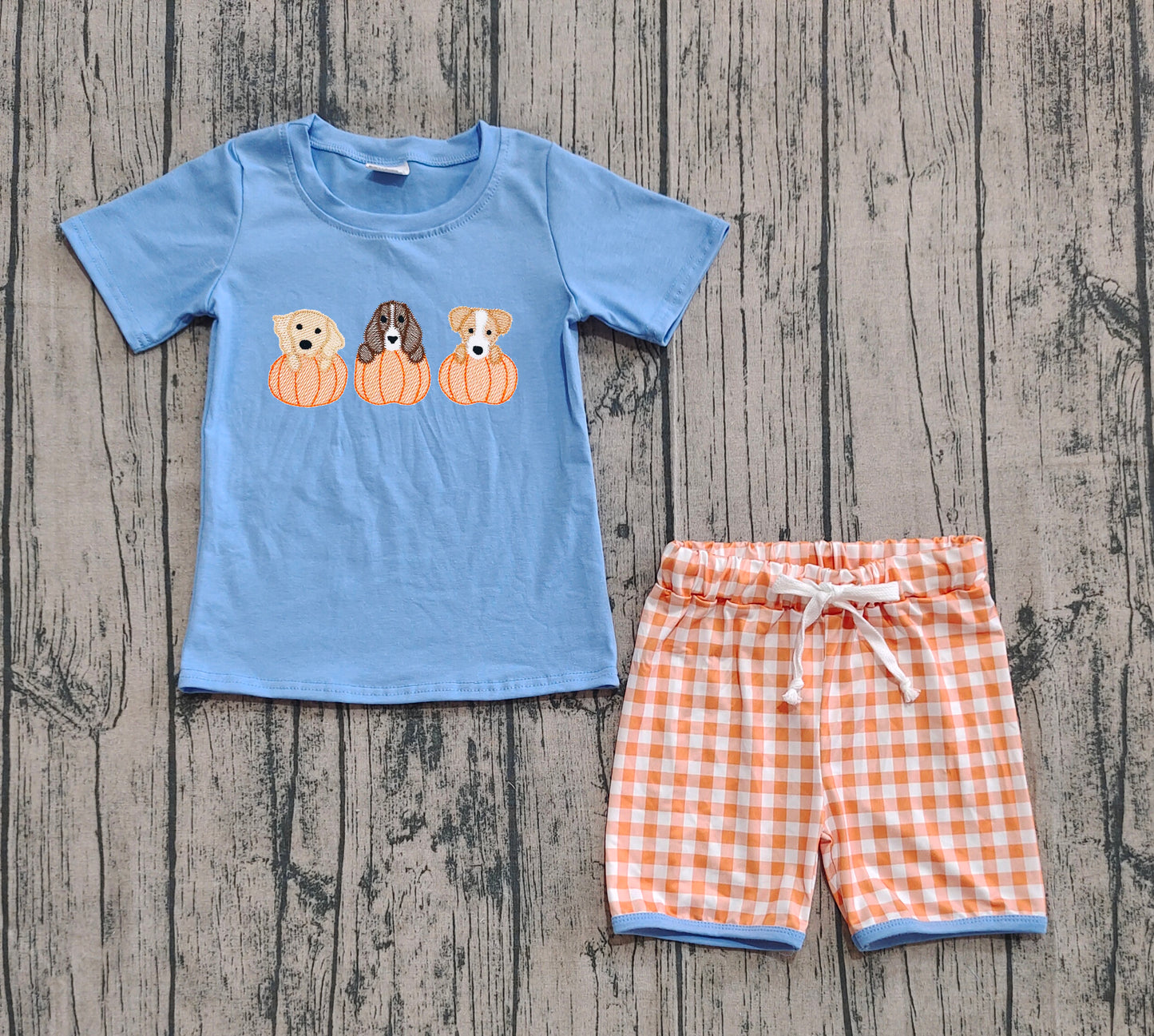 BSSO1547  Embroidery Dogs Pumpkins Baby Boys Top Shorts Fall Clothes Sets   D 909