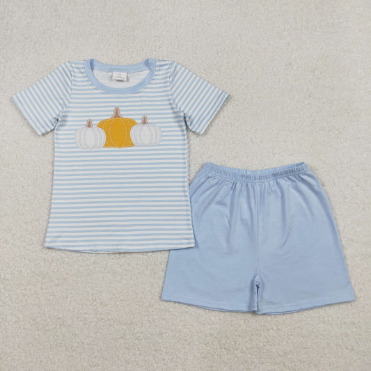 BSSO1548  Baby Boys Blue Stripes Pumpkins Top Shorts Fall Set D 1021