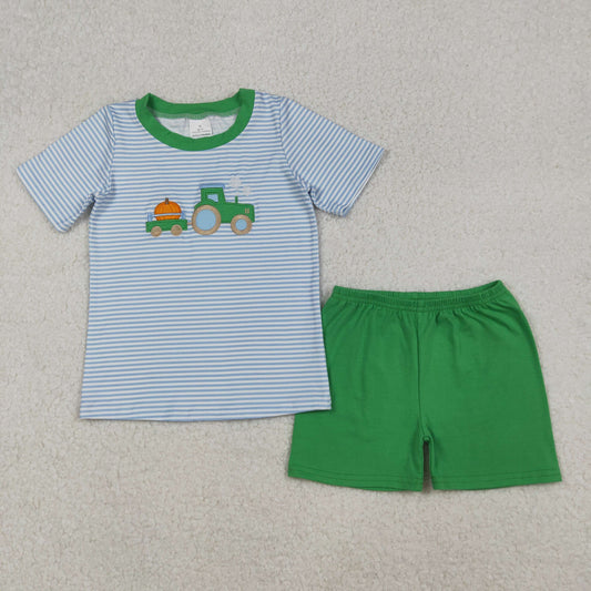 BSSO1549 BEmbroidery Baby Boys Blue Stripe Truck Pumpkin Top Shorts Fall Clothes Sets D 926