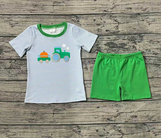 presale BSSO1549 Baby Boys Blue Stripe Truck Pumpkin Top Shorts Fall Clothes Set D 8.5
