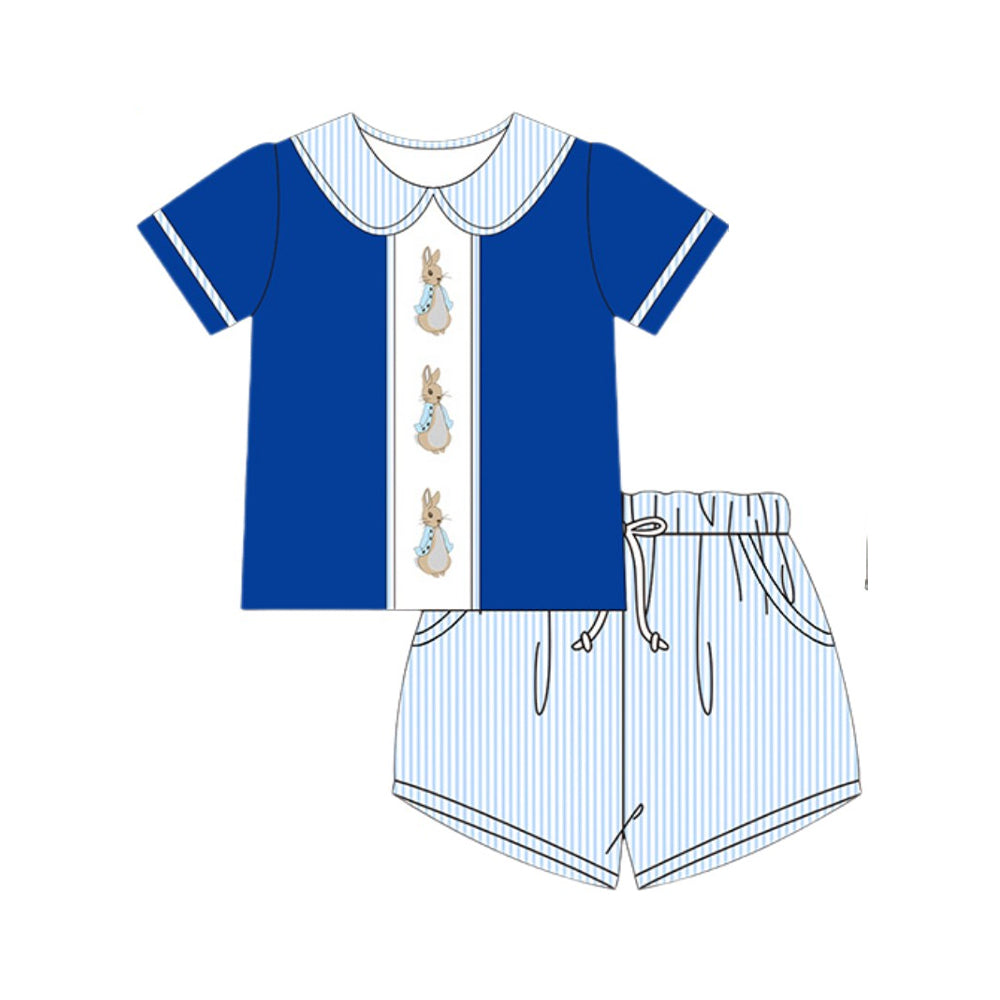 presale BSSO1563 Baby Boys Rabbits Top Blue Stripe Pockets Shorts Easter Clothes Sets  D 1001