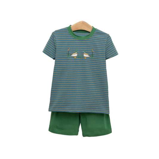 presale BSSO1568 Baby Boys Green Stripe Ducks Top Shorts Clothes Sets  D 1008