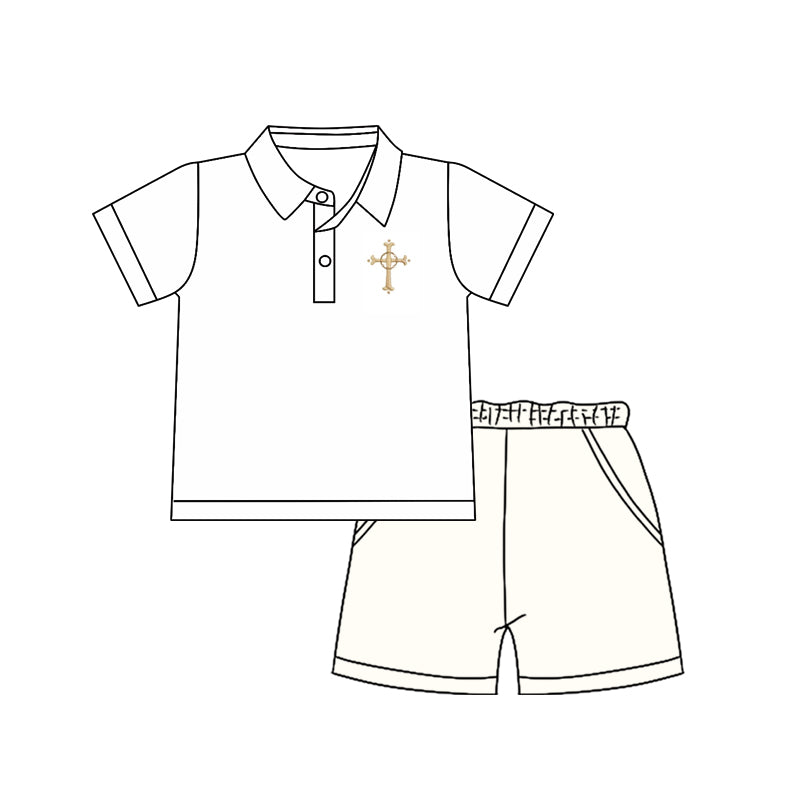 presale BSSO1570 Baby Boys Button Cross Polo Shirt Pockets Shorts Easter Clothes Sets  D 1009