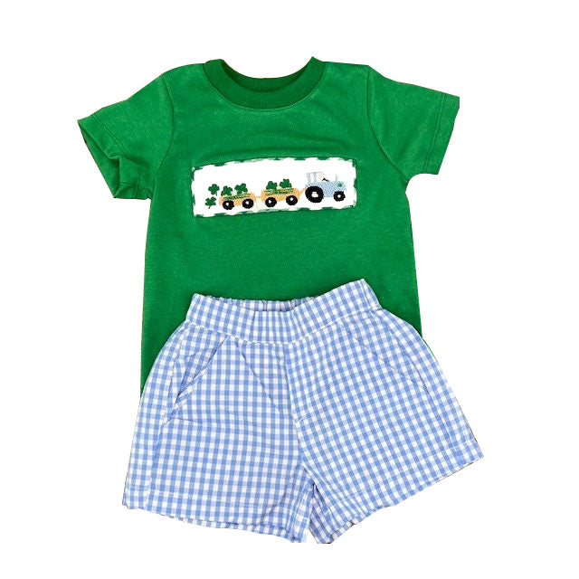 presale BSSO1571 Baby Boys Trucks Clovers Top Pockets Checked Shorts St Patrick Clothes Sets  D 1014