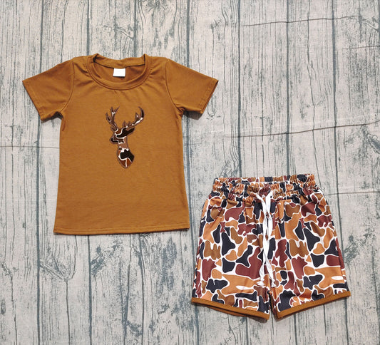 presale BSSO1575 Embroidery Camo Deer Baby Boys Brown Top Shorts Hunting Clothes Sets D 1105