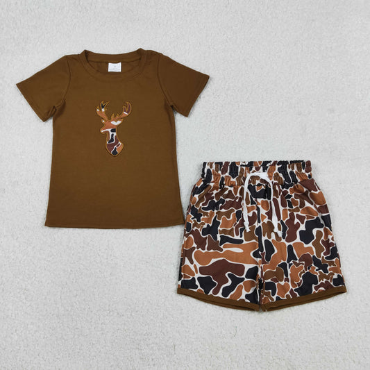 Baby Boys Embroidery Camo Deer Brown Top Shorts Set Hunting Themed Clothing Outfit for Infants