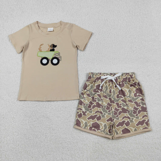 Baby Boys Khaki Embroidery Deer Truck Top with Camo Shorts Hunting Themed Clothing Set for Little Ones