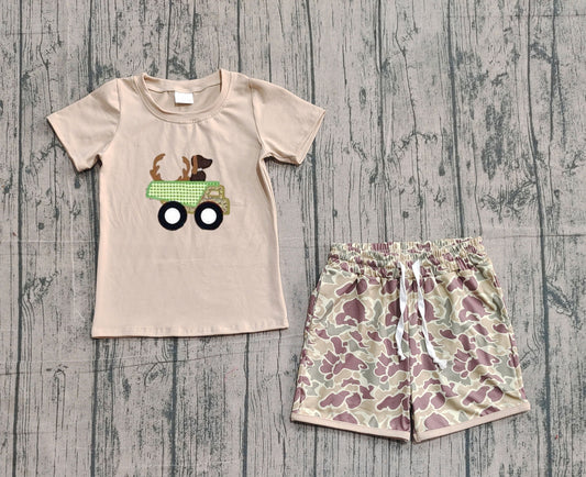 presale BSSO1576 Embroidery Deer Truck Baby Boys Khaki Top Camo Shorts Hunting Clothes Sets D 1103