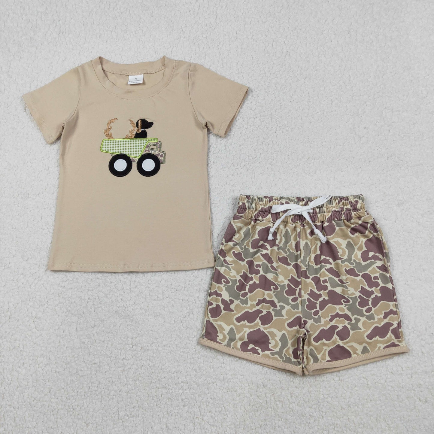 Sibling Baby Boys Embroidery Deer & Dog Truck Print Top with Shorts Hunting Themed Outfit Set Casual Kids Clothing Set