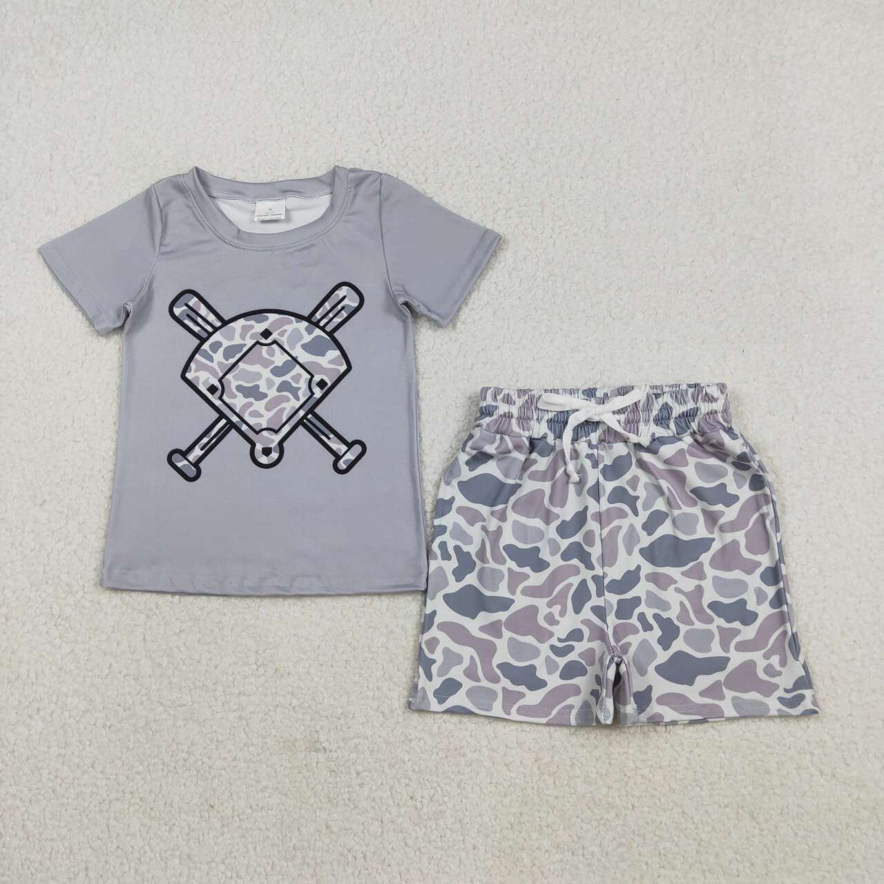 BSSO1589 Baby Boys Light Grey Camo Baseballs Top Pockets Shorts Team Clothes Sets  D 1211
