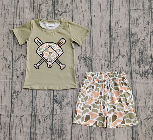presale BSSO1591 Baby Girls Green Orange Camo Baseball Top Shorts Team Clothes Sets D 1103