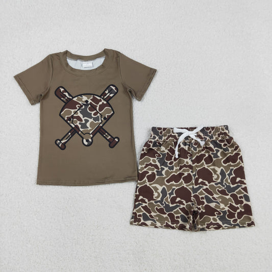 BSSO1593 Baby Girls Dark Brown Camo Baseball Top Shorts Team Clothes Sets  D 1103