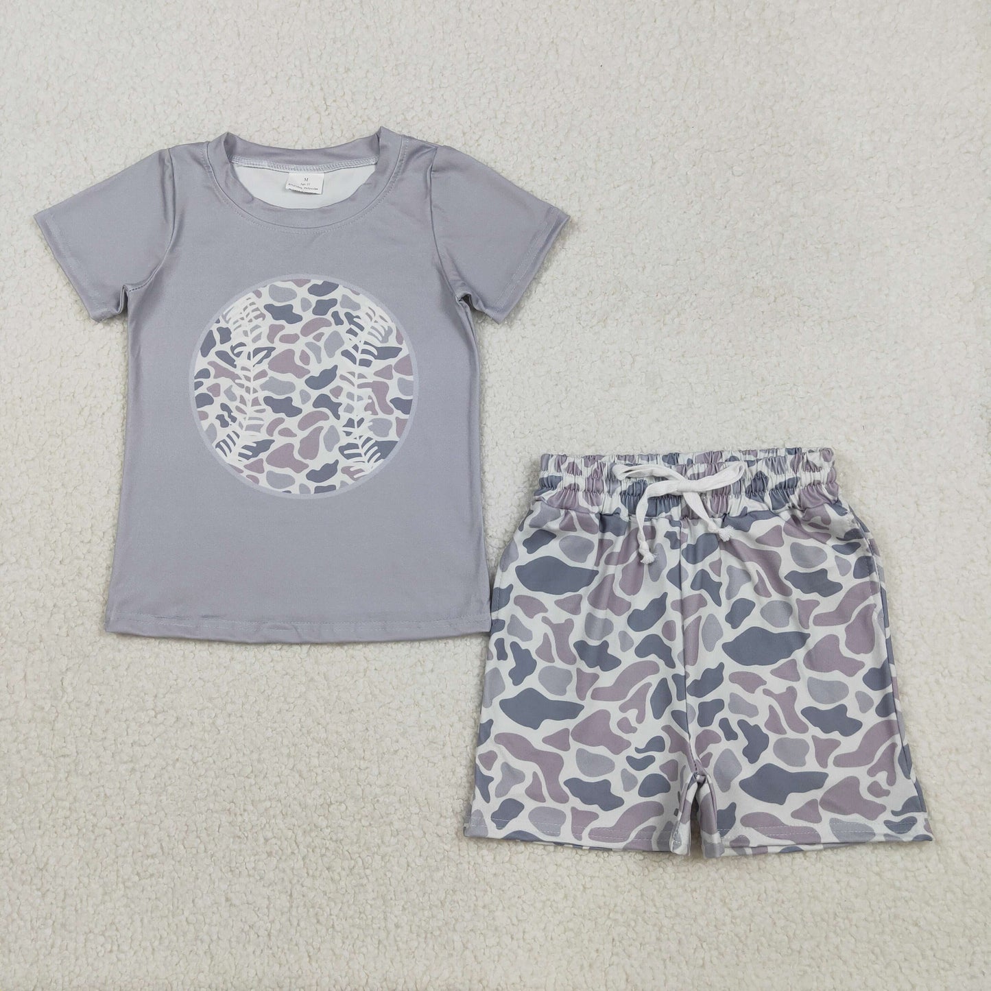 Baby Girls Light Grey Camouflage Baseball Top with Pockets Short Team Outfit Set for Kids