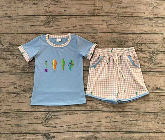 presale BSSO1617 Embroidery Fishing Baby Boys Top Checked Pockets Shorts Hunting Clothes Sets   D 1205