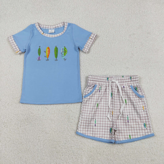 Embroidery Fishing Baby Boys Outfit with Checked Pockets Shorts Hunting Themed Clothing Set for Little Ones