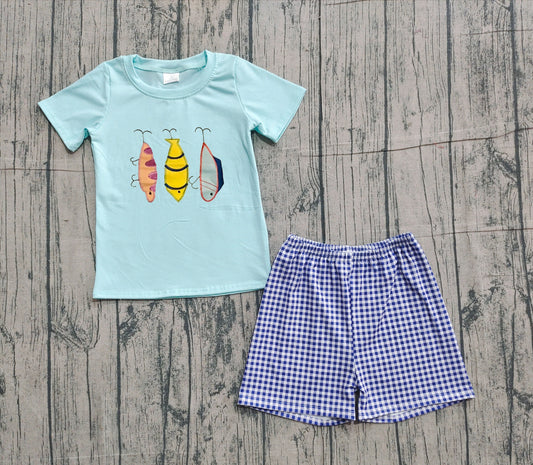 presale BSSO1628 Embroidery Baby Boys Fishing Top Checked Shorts Clothes Sets    D 1201