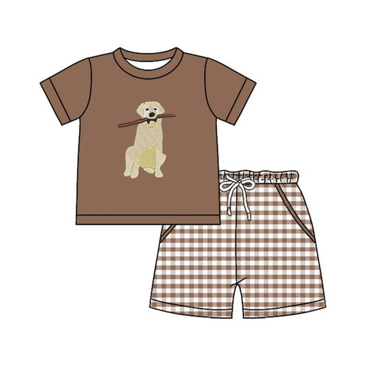 presale BSSO1637 Baby Boys Brown Dogs Top Checked Pockets Shorts Hunting Clothes Sets D 1113