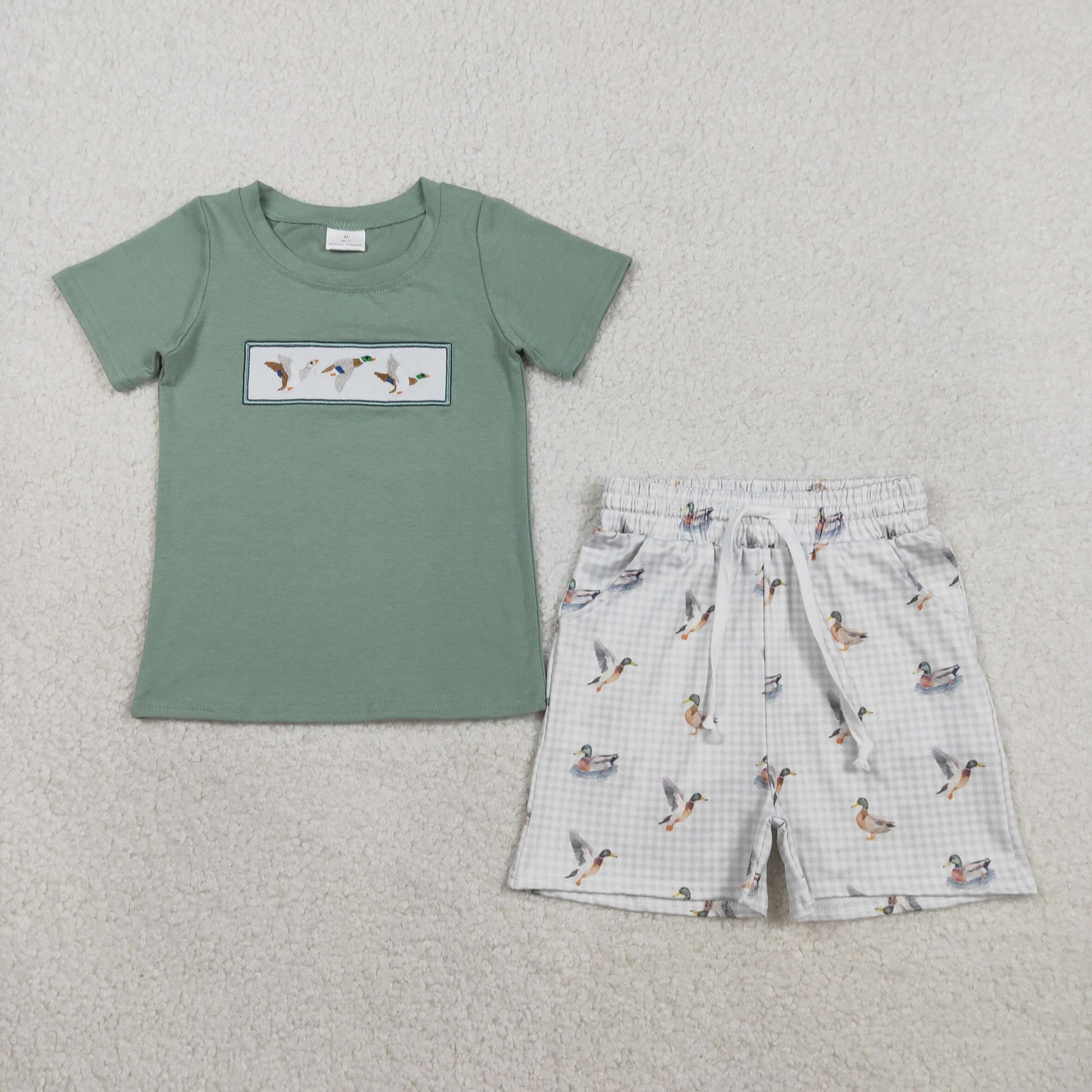 RTS NO MOQ（In Stock) BSSO1639 Embroidery Ducks Baby Boys Top Checked Pockets Short Hunting Clothes Sets