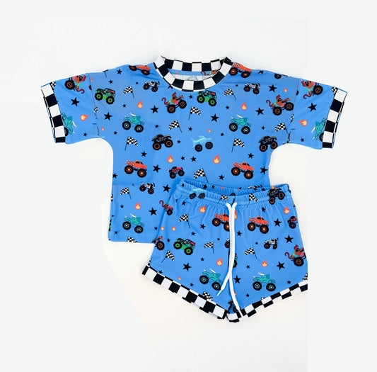 presale BSSO1641 Baby Boys Hot Blue Motor Cars Flags Top Shorts Clothes Sets D 1113