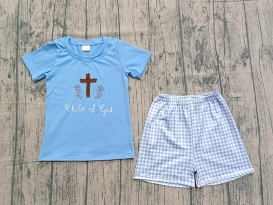 Pre-order Embroidery Cross Baby Boys Child of God Top Checked Shorts Easter Clothes Sets