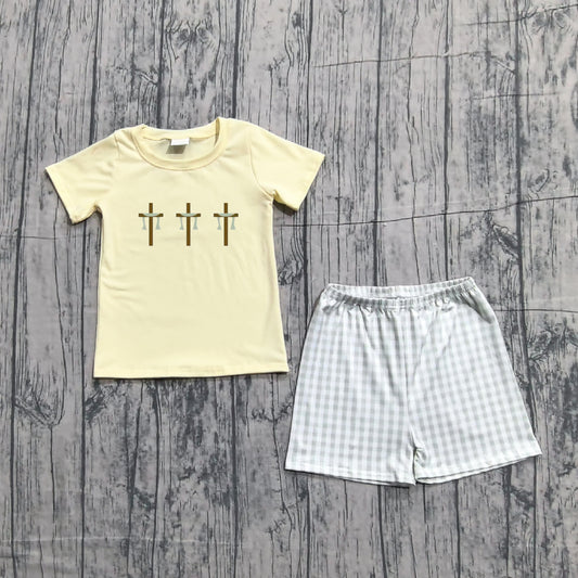 Pre-order Embroidery Baby Boys Crosses Top Checked Shorts Easter Clothes Sets