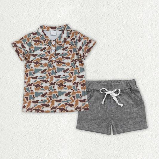 Baby Boys Southern Camo Button Polo Shirt with Grey Pockets Hunting Themed Shorts Set Baby Boys Outfit for Special Occasions
