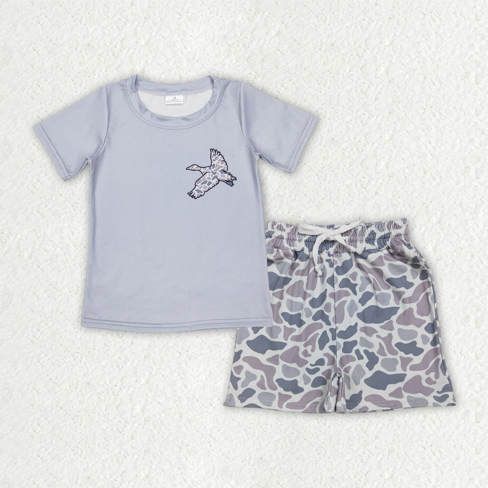 Baby Boys Light Grey Camouflage Ducks Print Top with Pockets Matching Shorts Hunting Themed Outfit Set