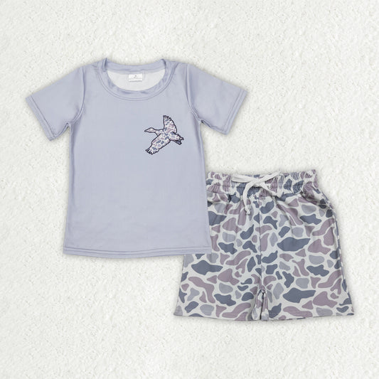 Baby Boys Light Grey Camouflage Ducks Print Top with Pockets Matching Shorts Hunting Themed Outfit Set