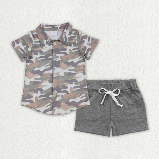 Baby Boys Southern Grey Camo Button Shirt Top with Pockets Shorts Set for Hunting Clothes Outfit Baby Boys Fashion