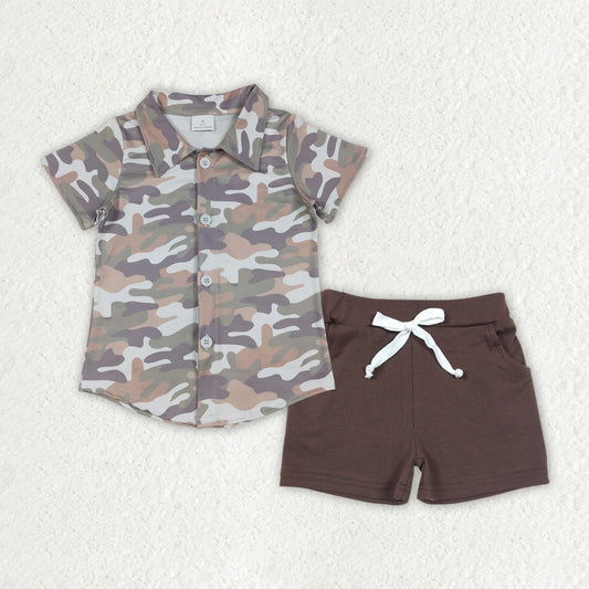 Baby Boys Southern Grey Camo Button Shirt Top with Pockets Shorts Set for Hunting Clothes Outfit Baby Boys Fashion