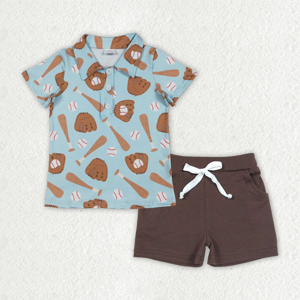 Baby Boys Baseball Button Polo Shirts with Brown Pockets And Shorts Team Outfit Set