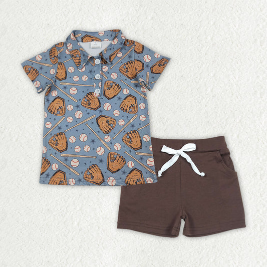 Baby Boys Baseball Button Polo Shirts with Brown Pockets And Shorts Team Outfit Set