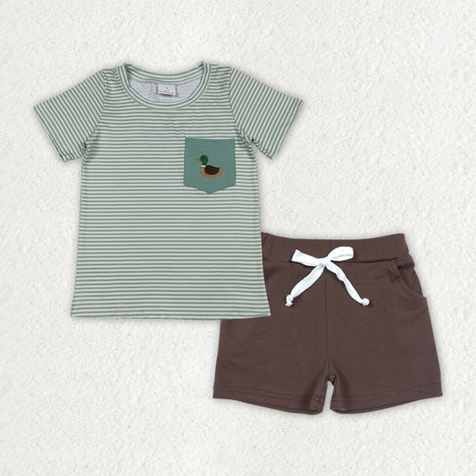Baby Boys Green Stripe Embroidery Ducks Top with Pockets Shorts Hunting Themed Clothing Set for Babies