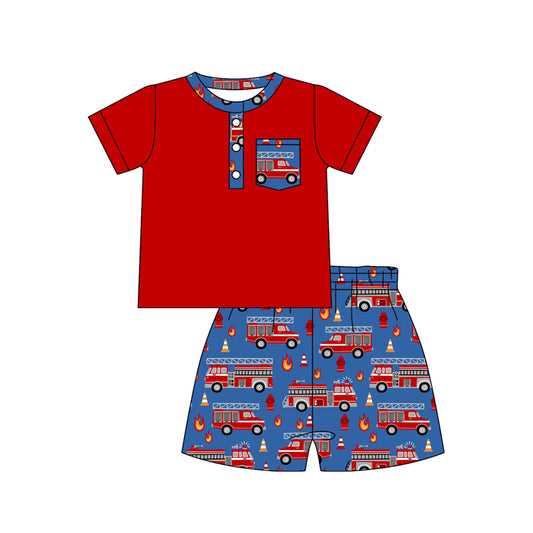 presale BSSO1923 Baby Boys Summer Outifit Baby Boys Button Pocket Shirts Top Firetrucks Shorts Clothes Sets