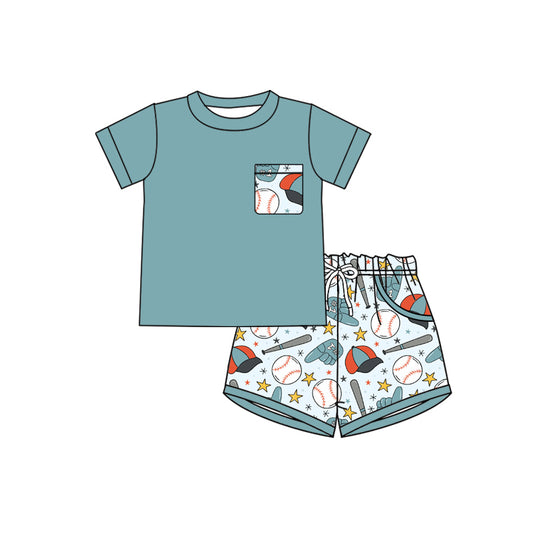 presale BSSO1924 Baby Boys Summer Outifit Baby Boys Shirts Top Baseballs Stars Pockets Short Team Clothes Sets