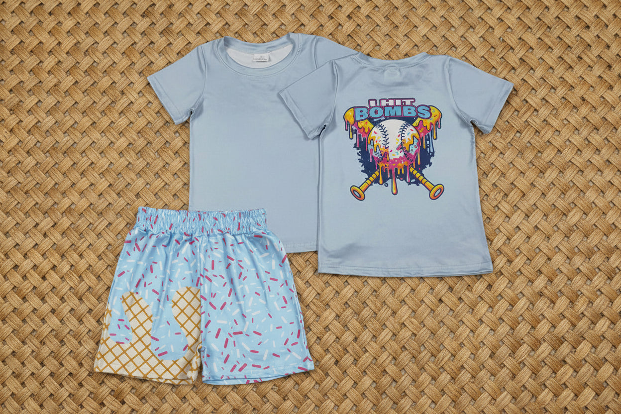 BSSO1951 i hit bombs baseball shorts set summer toddler girl clothing