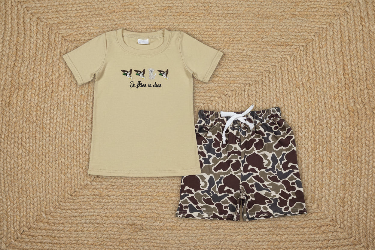 it flies it dies mallard embroidery boy shorts set summer clothes
