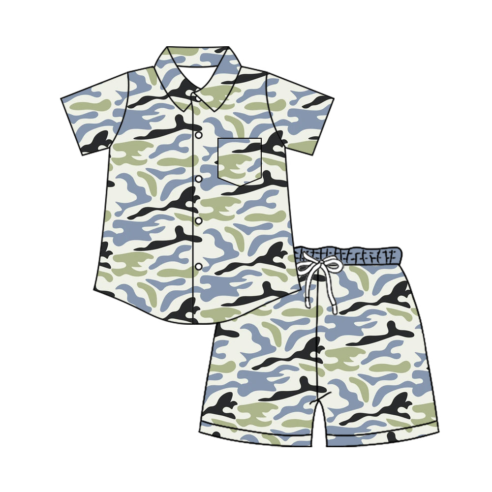 Pre order button down camo shorts set boy