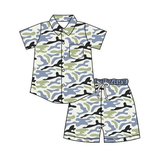 Pre order button down camo shorts set boy