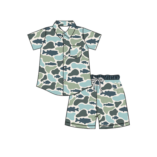 Pre order button down camo fish shorts set boys clothing