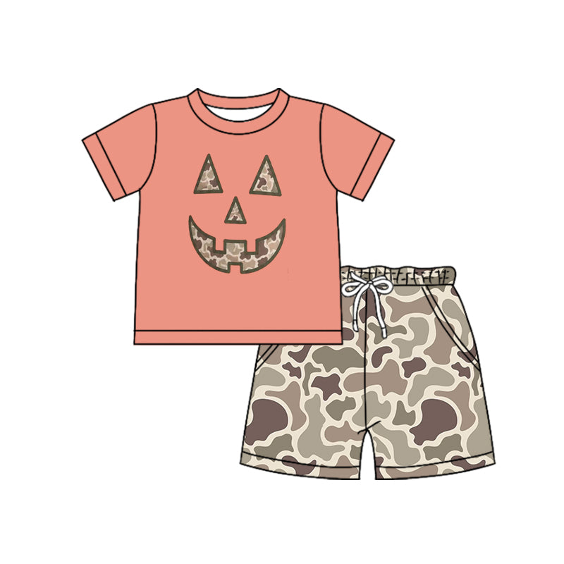 Pre order boy halloween camo pumpkin face shorts set