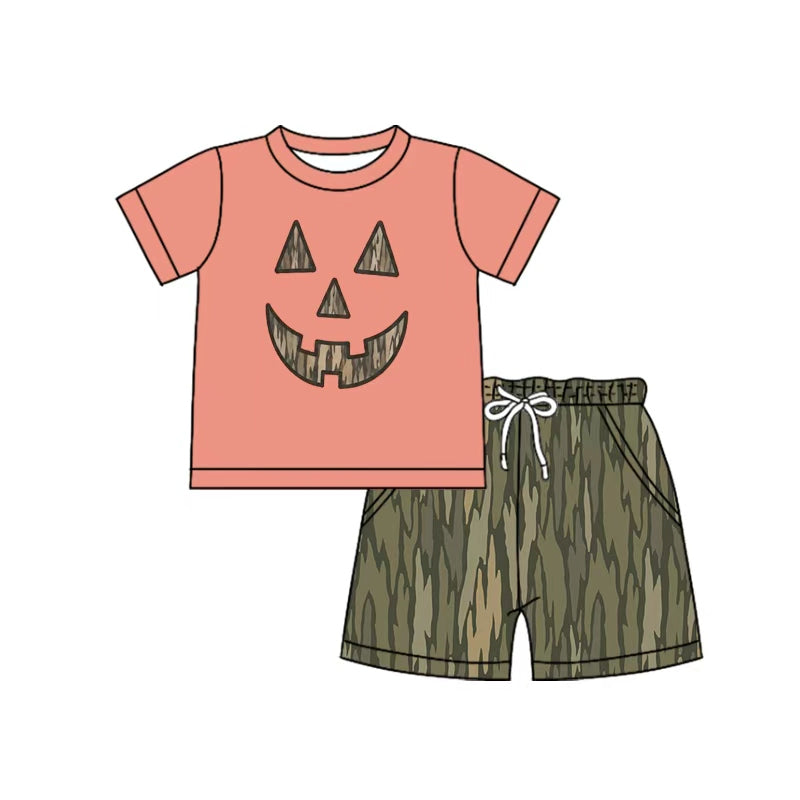 Pre order boy halloween camo pumpkin face shorts set