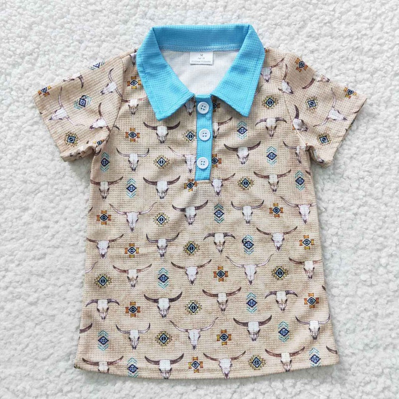BT0210 Boys' Bull Head Geometric Pattern Brown Short Sleeve Top