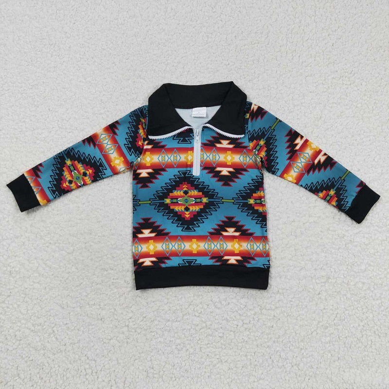 BT0227 Geometric Blue Zip Long Sleeve Top